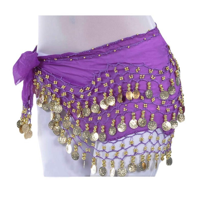 Lauthen.S 128 Coins Belly Dance Hip Scarf Tribal Belt Halloween Genie Costume Accessory Purple - Image 3